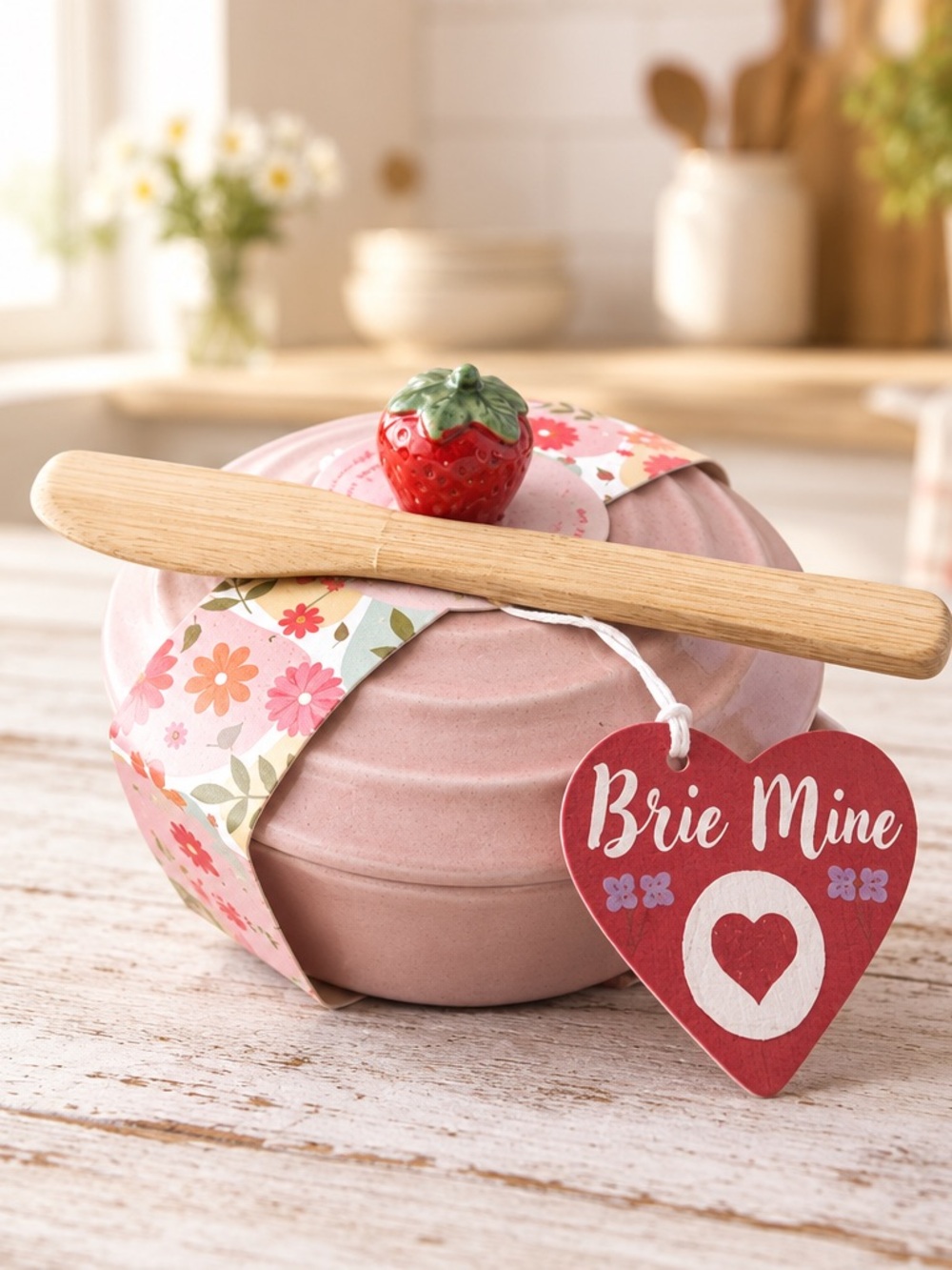 Ceramic Brie Baker with Strawberry Knob - Pink